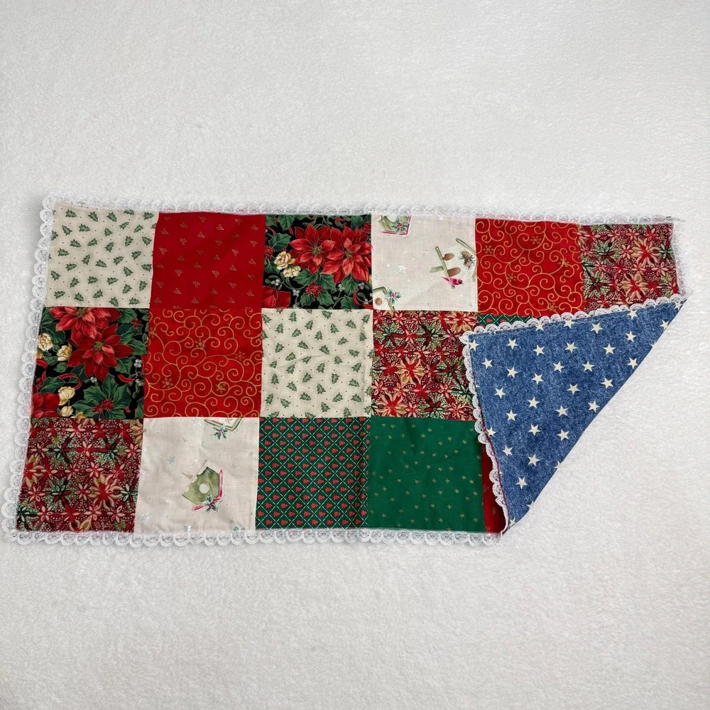 Handmade Christmas 4th of July Reversible Quilted Patchwork Table Runner  30x15